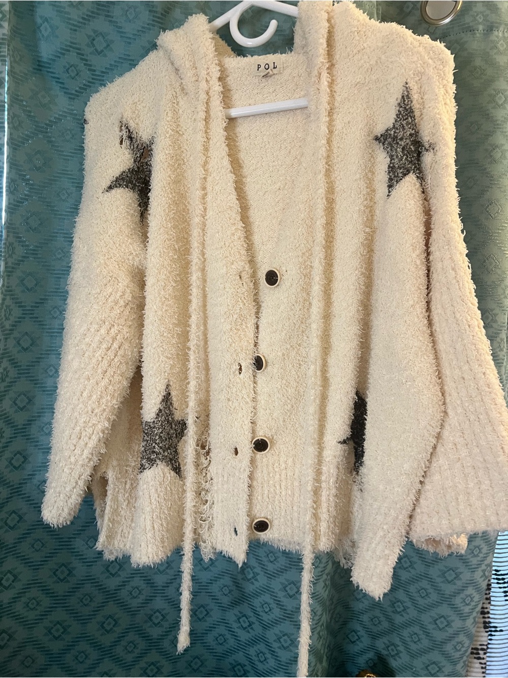 POL Cream Fuzzy Stars Distressed Hooded Cardigan Sweater Cozy Fall Winter chic